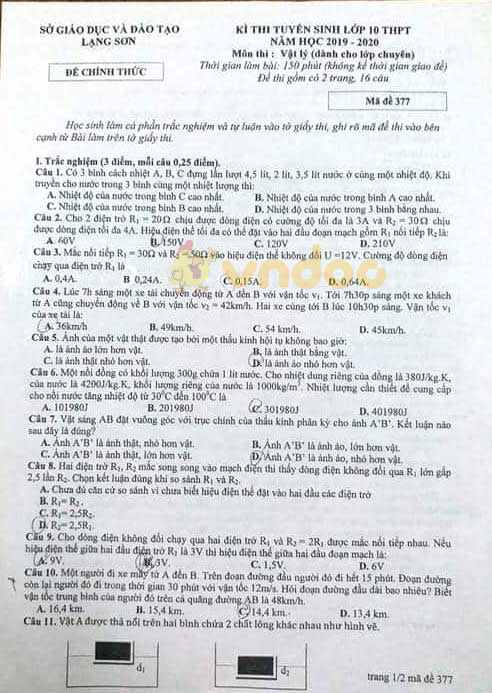 Đề thi vào lớp 10 môn Vật lý Chuyên 2019 tỉnh Lạng Sơn