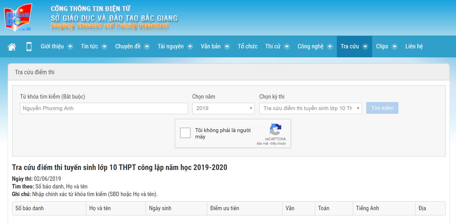 Điểm thi vào lớp 10 THPT Tỉnh Bắc Giang