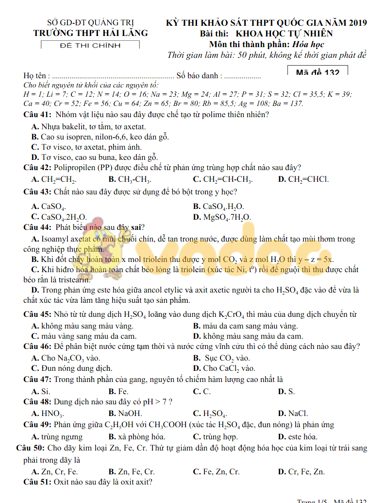 Đáp án đề thi thử THPT Quốc gia môn Hóa học