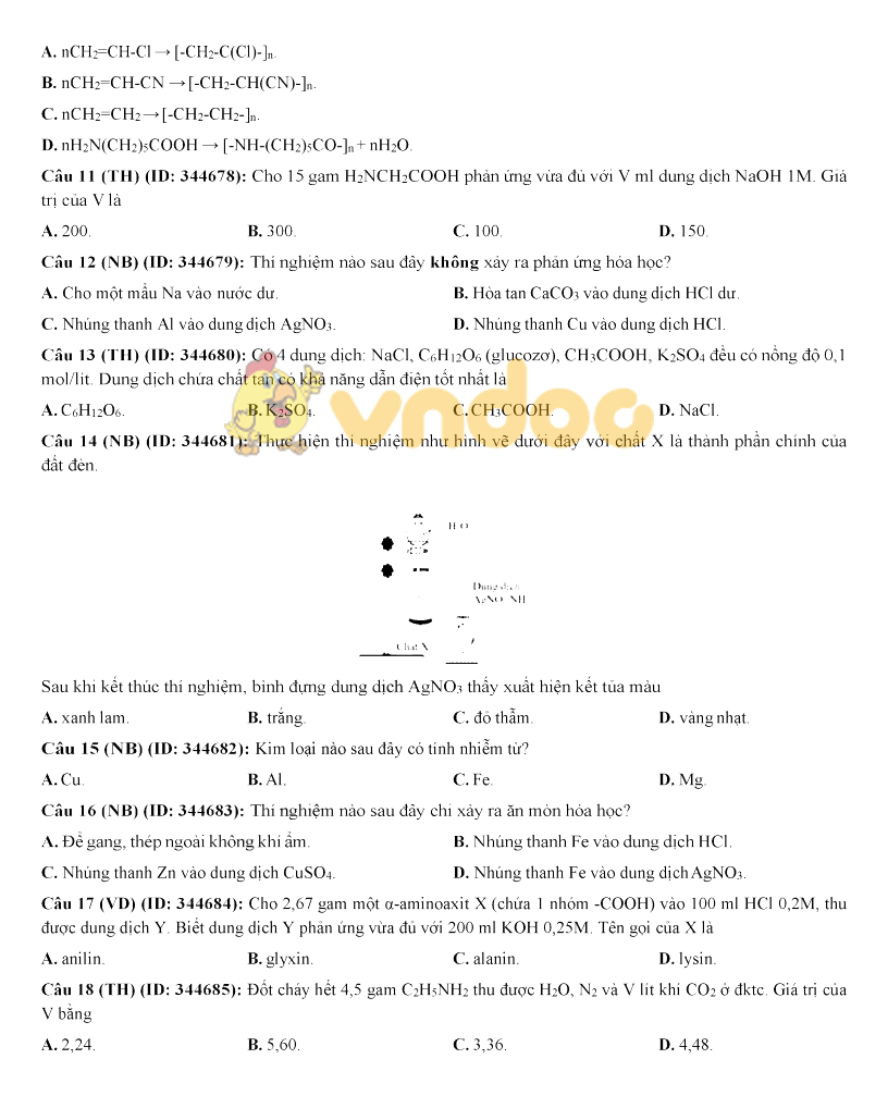 Đáp án đề thi thử THPT Quốc gia môn Hóa học