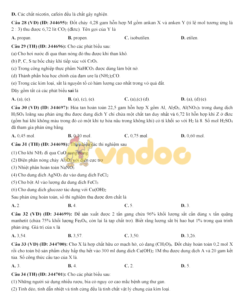 Đáp án đề thi thử THPT Quốc gia môn Hóa học
