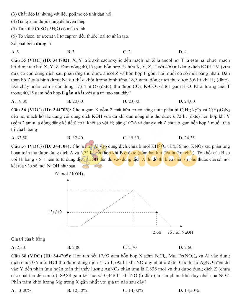 Đáp án đề thi thử THPT Quốc gia môn Hóa học