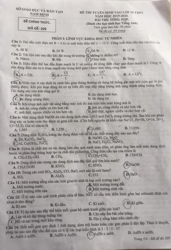 Đề thi vào lớp 10 môn Tổ hợp
