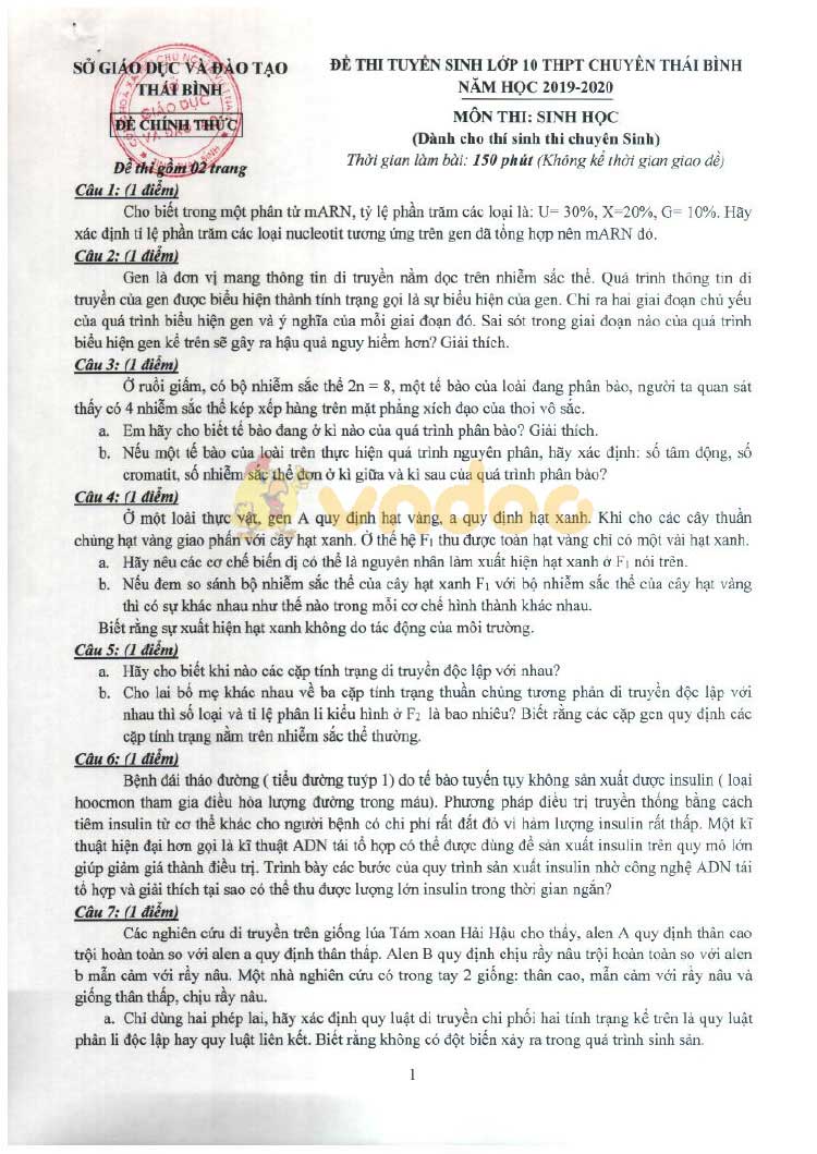 Đáp án đề thi vào lớp 10 môn Sinh học Chuyên 2019 tỉnh Thái Bình (Chuyên Sinh)