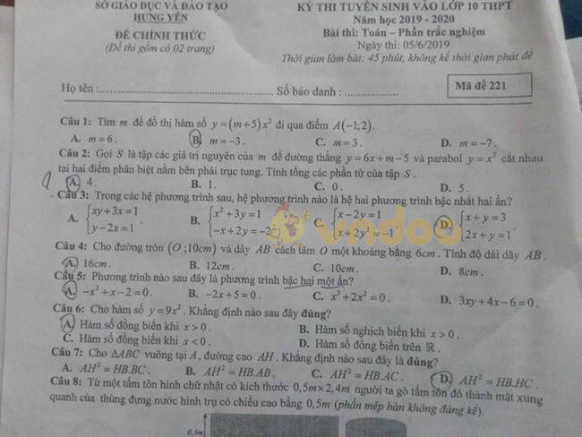 Đáp án đề thi vào lớp 10 môn Toán tỉnh Hưng Yên năm 2019