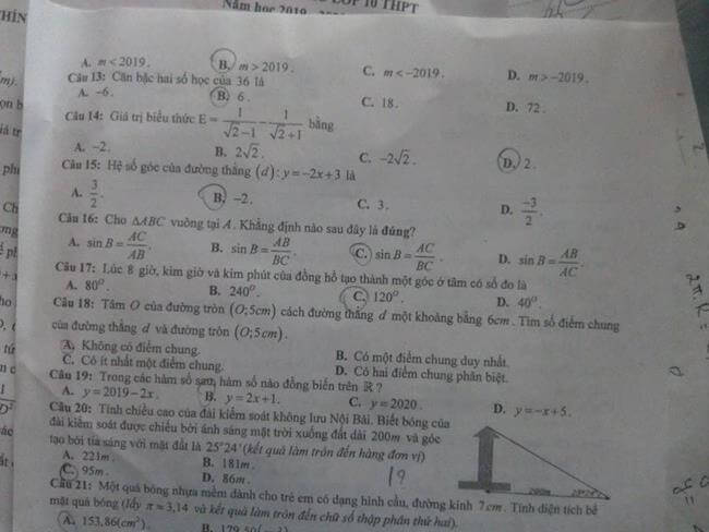 Đáp án đề thi vào lớp 10 môn Toán tỉnh Hưng Yên năm 2019