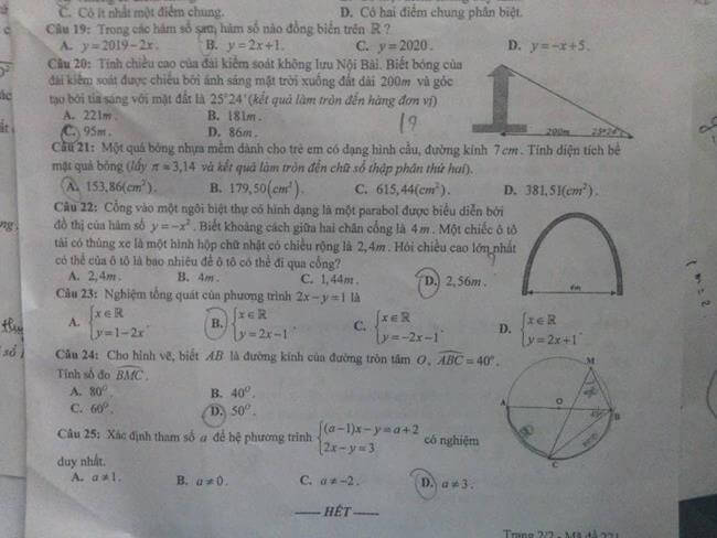 Đáp án đề thi vào lớp 10 môn Toán tỉnh Hưng Yên năm 2019