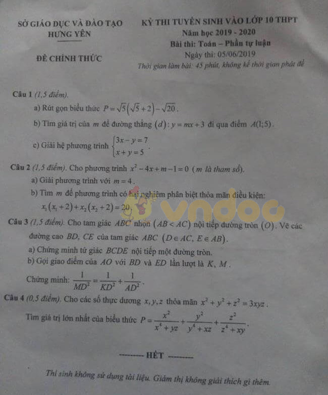 Đáp án đề thi vào lớp 10 môn Toán tỉnh Hưng Yên năm 2019