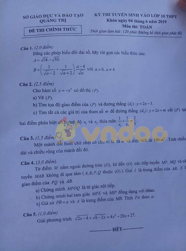 Đáp án đề thi vào lớp 10 môn Toán tỉnh Quảng Trị năm 2019
