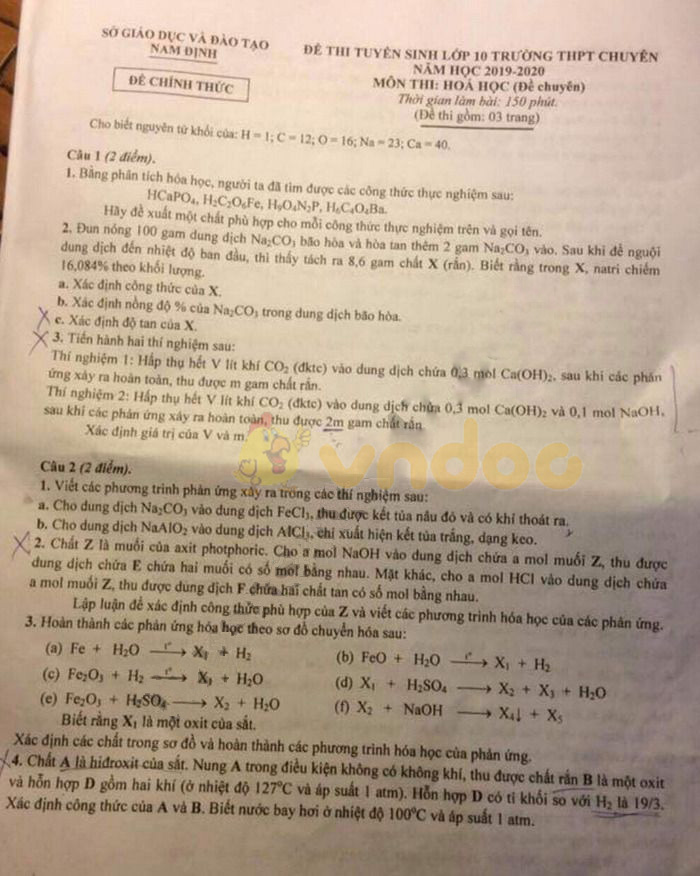 Đề thi vào lớp 10 môn Hóa học 2019 THPT Chuyên Lê Hồng Phong - Nam Định (đề chuyên)