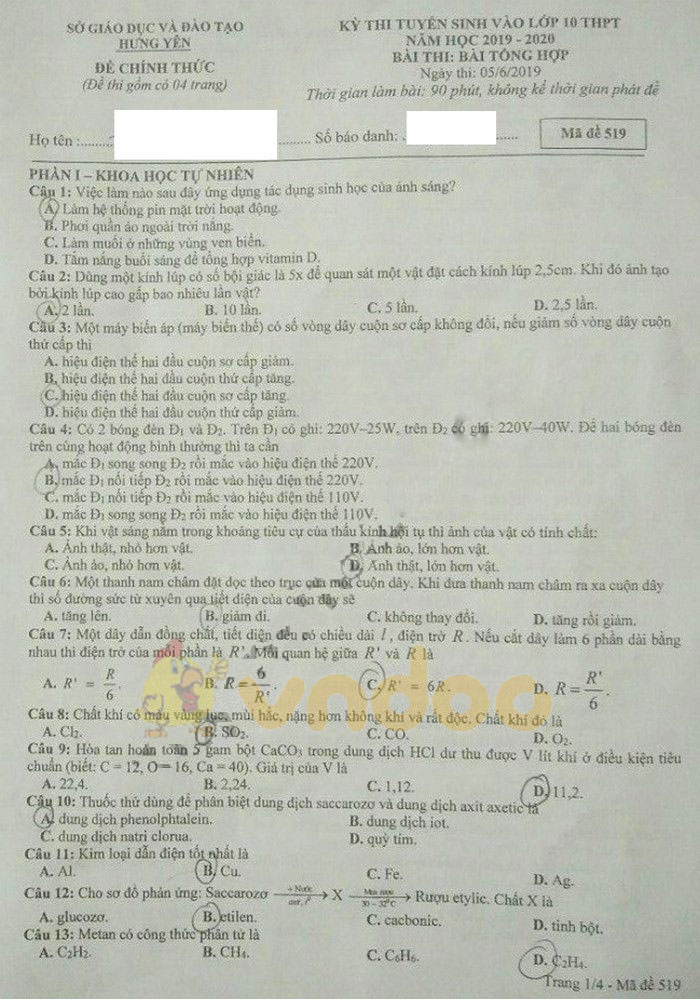 Đáp án đề thi vào lớp 10 môn Tổ hợp tỉnh Hưng Yên năm 2019