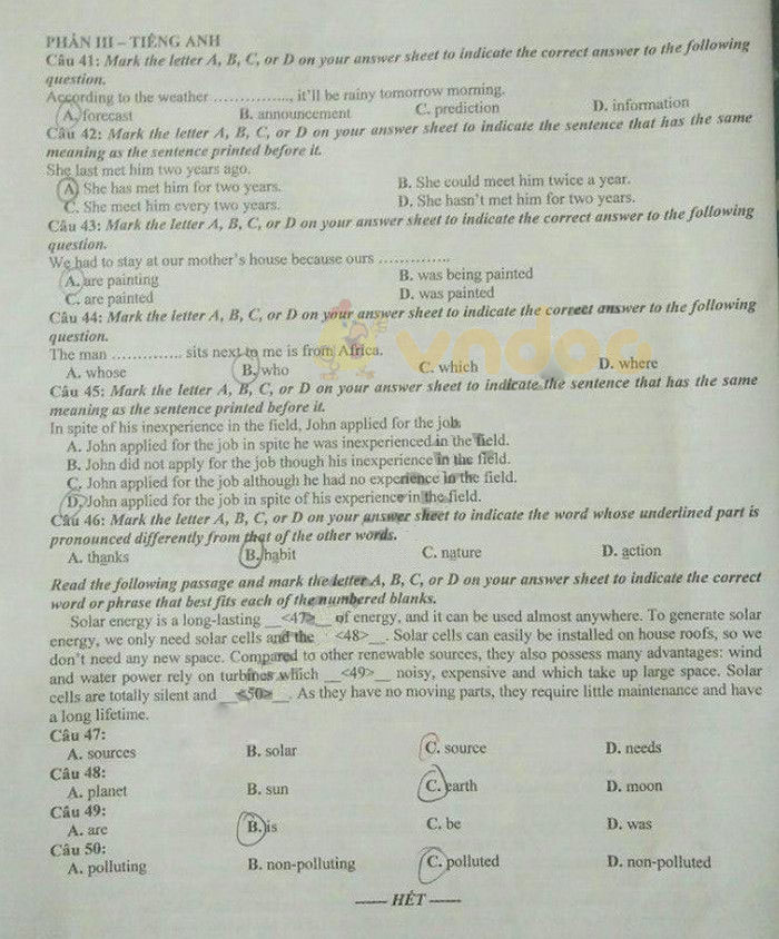 Đáp án đề thi vào lớp 10 môn Tổ hợp tỉnh Hưng Yên năm 2019