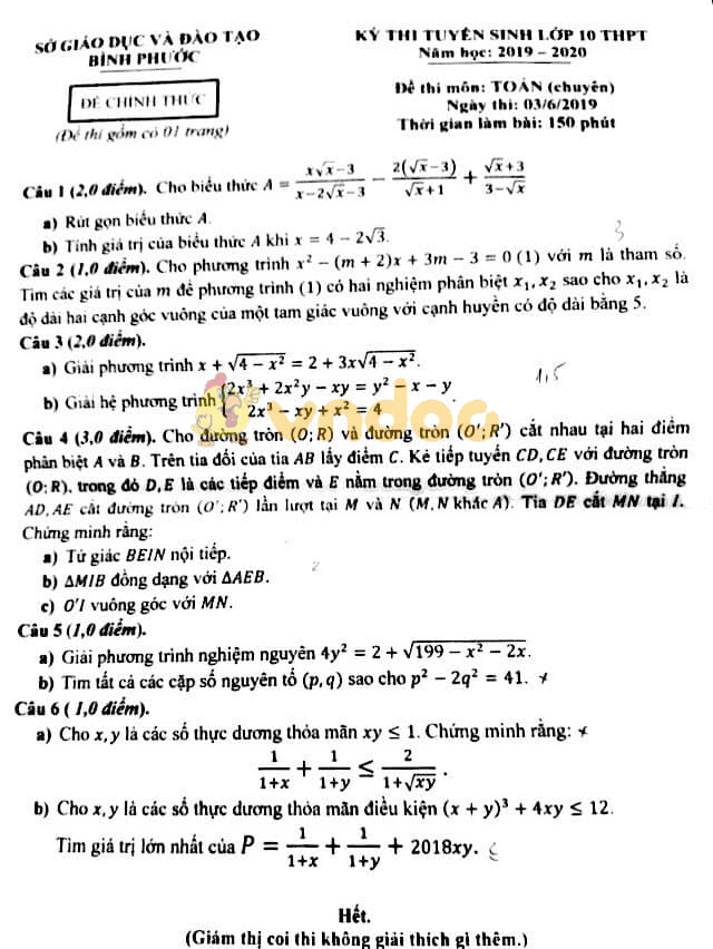 Đề thi vào lớp 10 môn Toán Chuyên 2019 tỉnh Bình Phước