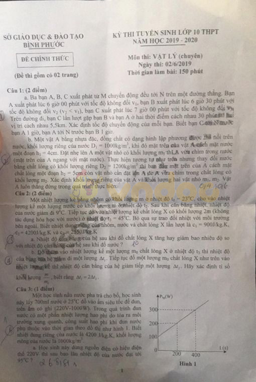 Đề thi vào lớp 10 môn Vật lý Chuyên 2019 tỉnh Bình Phước