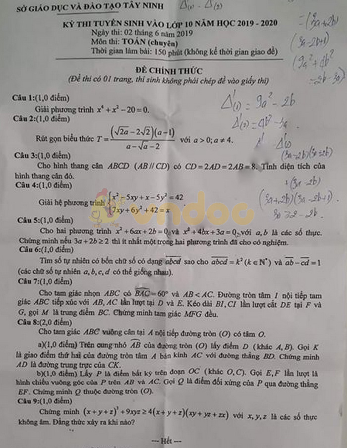 Đề thi vào lớp 10 môn Toán Chuyên 2019 tỉnh Tây Ninh