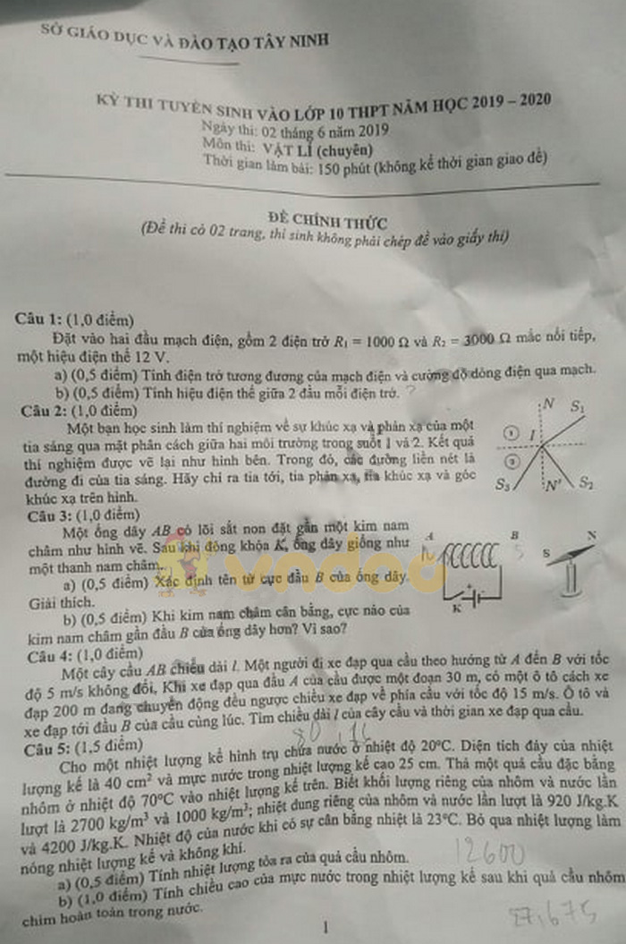 Đề thi vào lớp 10 môn Vật lý Chuyên 2019 tỉnh Tây Ninh