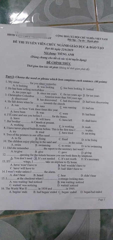 Đáp án đề thi tuyển viên chức tỉnh Bình Định môn Tiếng Anh vòng 1 năm 2019