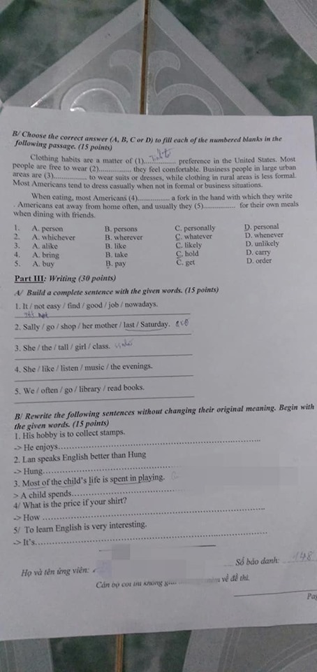 Đáp án đề thi tuyển viên chức tỉnh Bình Định môn Tiếng Anh vòng 1 năm 2019