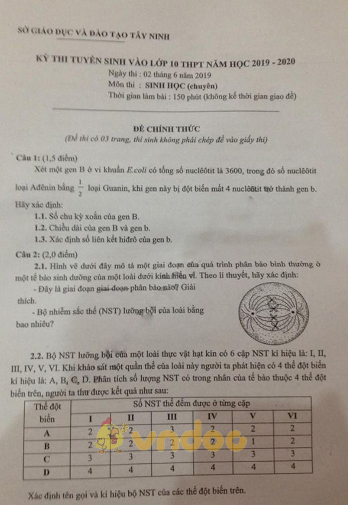 Đề thi vào lớp 10 môn Sinh học Chuyên 2019 tỉnh Tây Ninh