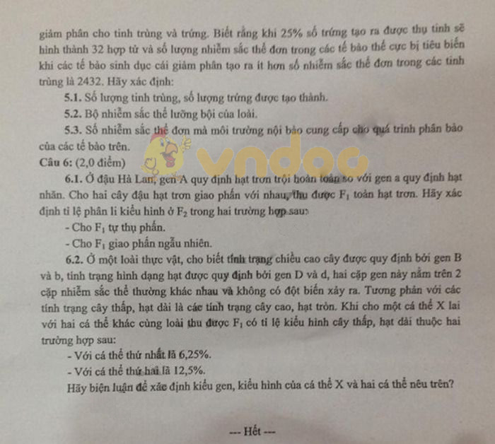 Đề thi vào lớp 10 môn Sinh học Chuyên 2019 tỉnh Tây Ninh