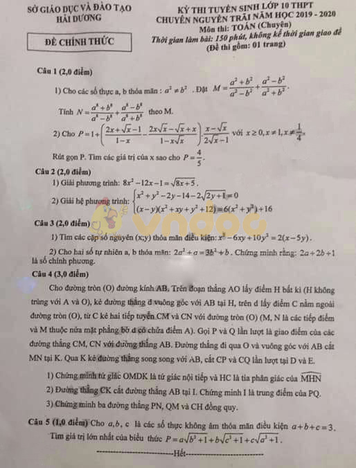 Đề thi vào lớp 10 môn Toán 2019 THPT Chuyên Nguyễn Trãi - Hải Dương