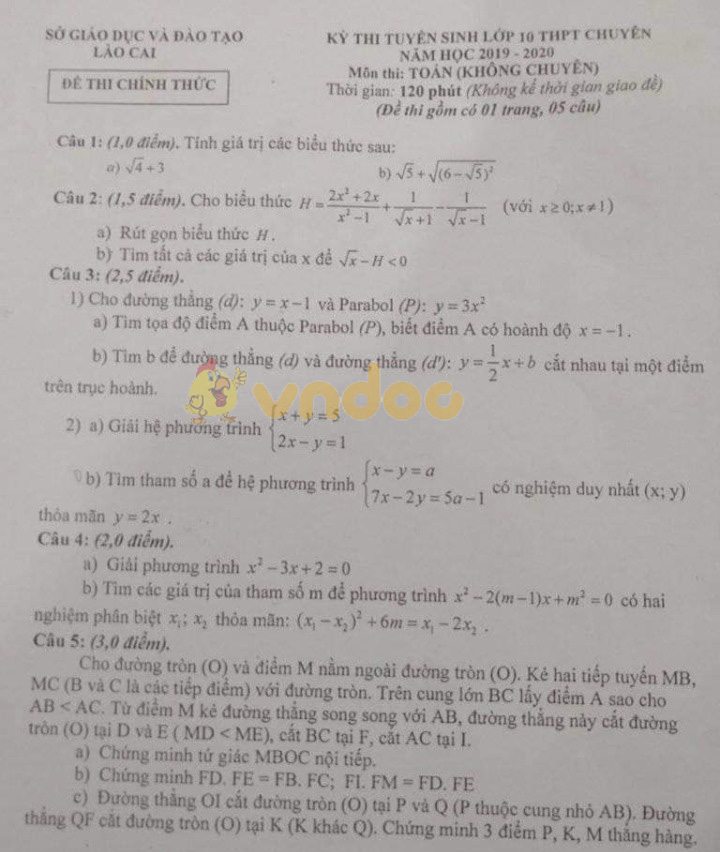 Đề thi vào lớp 10 môn Toán tỉnh Lào Cai năm 2019