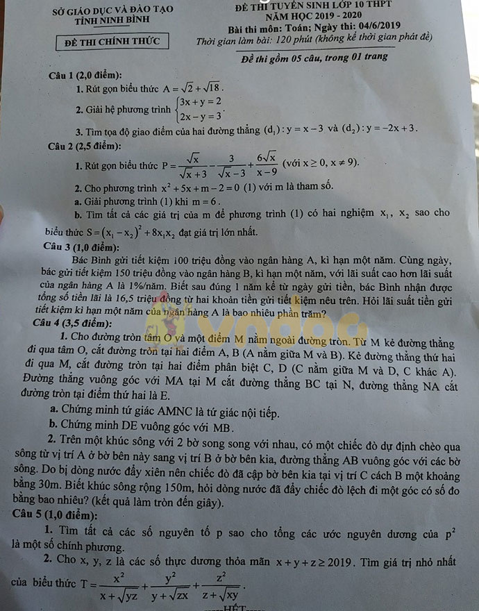 Đáp án đề thi vào lớp 10 môn Toán tỉnh Ninh Bình năm 2019