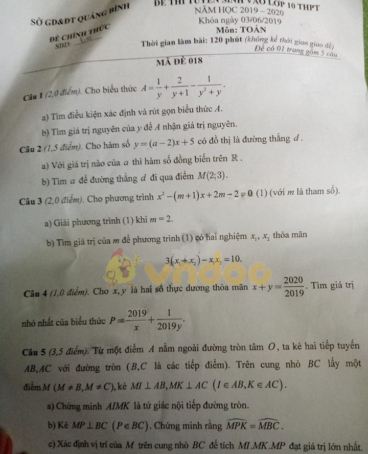 Đáp án đề thi vào lớp 10 môn Toán tỉnh Quảng Bình năm 2019