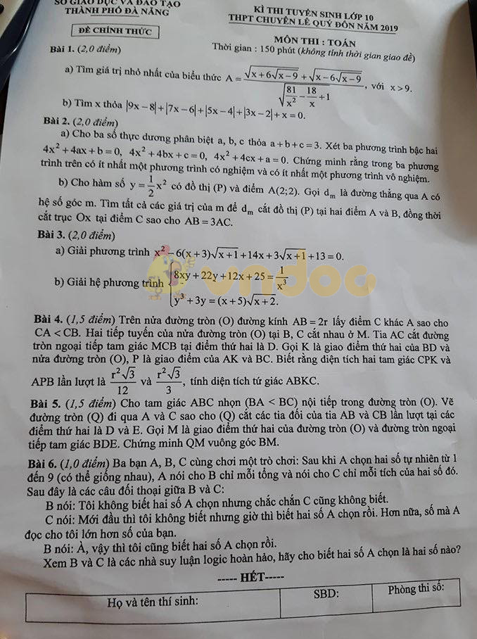 Đề thi vào lớp 10 môn Toán 2019 THPT Chuyên Lê Quý Đôn - Đà Nẵng