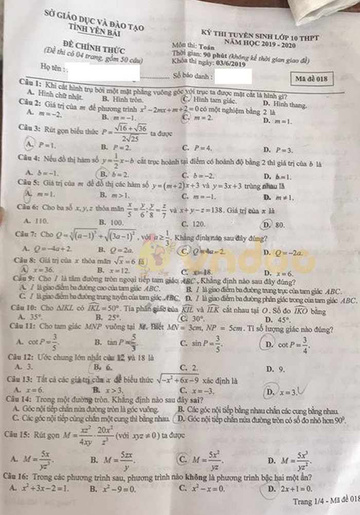 Đáp án đề thi vào lớp 10 môn Toán tỉnh Yên Bái năm 2019