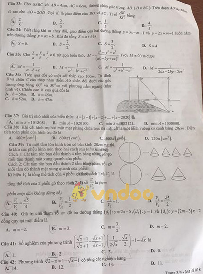 Đáp án đề thi vào lớp 10 môn Toán tỉnh Yên Bái năm 2019