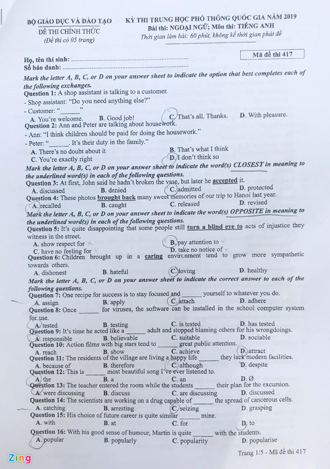 Đáp án đề thi THPT Quốc gia 2019 môn Tiếng Anh