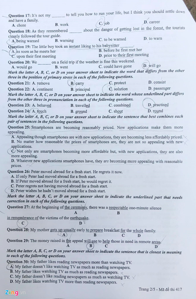 Đáp án đề thi THPT Quốc gia 2019 môn Tiếng Anh