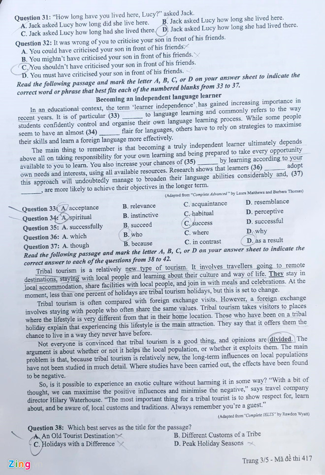 Đáp án đề thi THPT Quốc gia 2019 môn Tiếng Anh