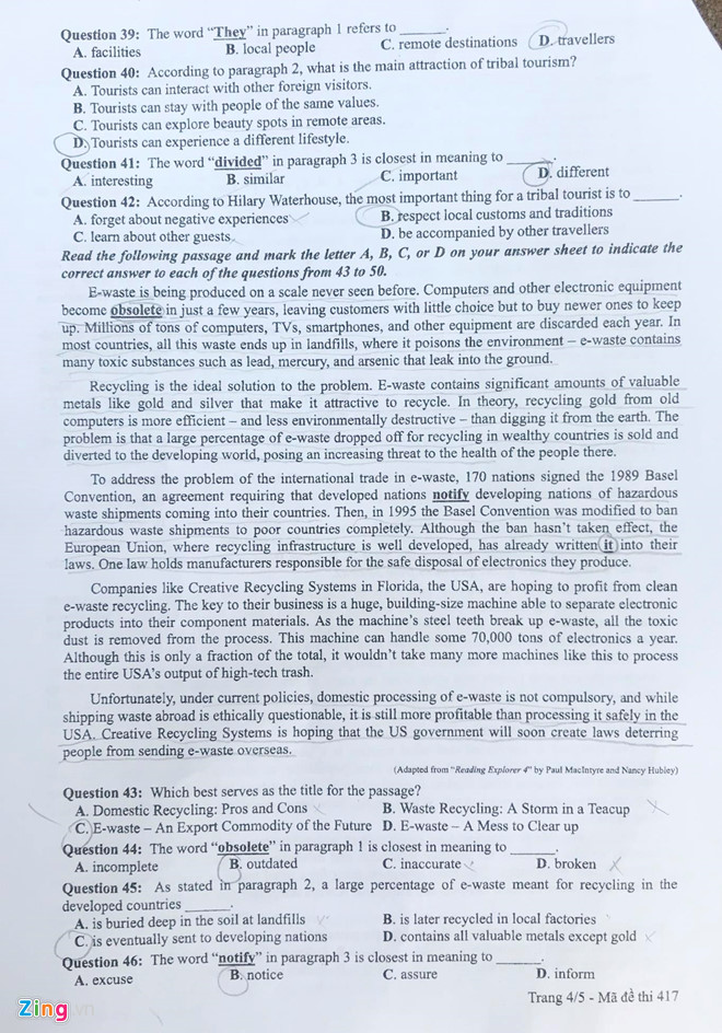 Đáp án đề thi THPT Quốc gia 2019 môn Tiếng Anh