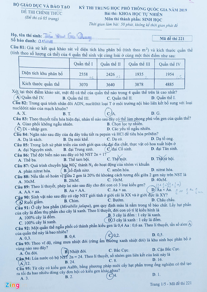 Đáp án Đề thi THPT Quốc gia môn Sinh học năm 2019 