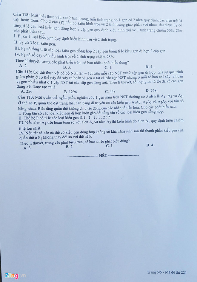 Đáp án Đề thi THPT Quốc gia môn Sinh học năm 2019 