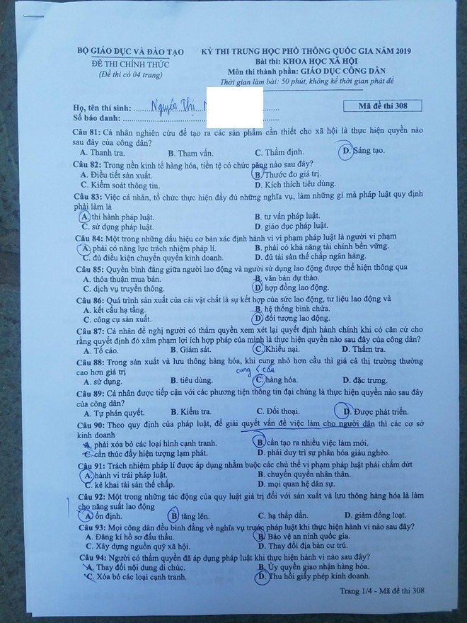Đề thi GDCD THPT Quốc Gia 2019