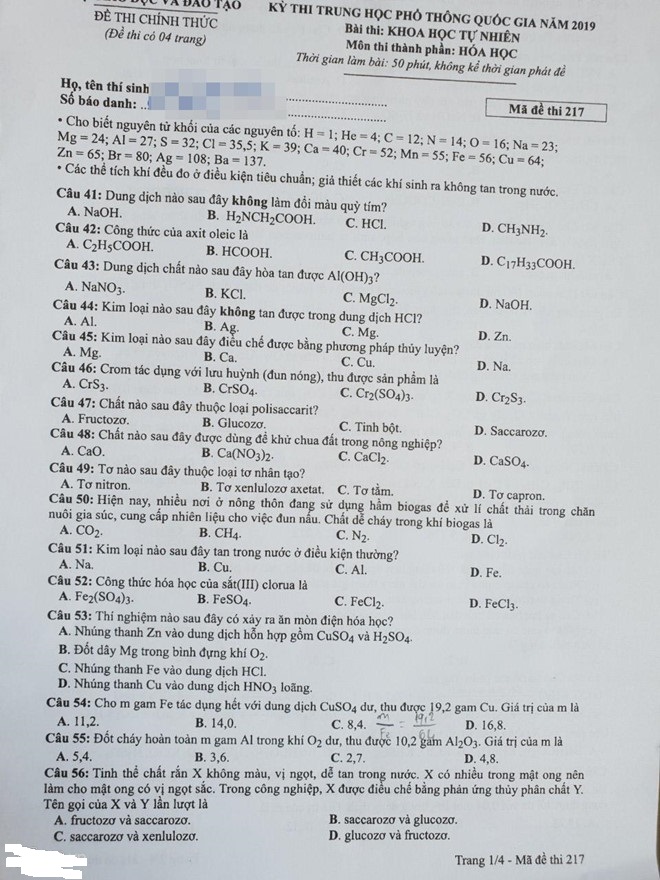 Đáp án đề thi THPT Quốc gia môn Hóa học năm 2019
