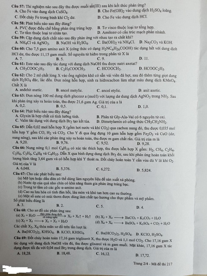Đáp án đề thi THPT Quốc gia môn Hóa học năm 2019