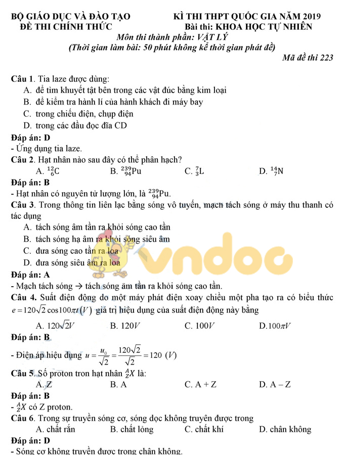 Lời giải chi tiết đề thi chính thức THPT Quốc gia năm 2019 môn Vật lý