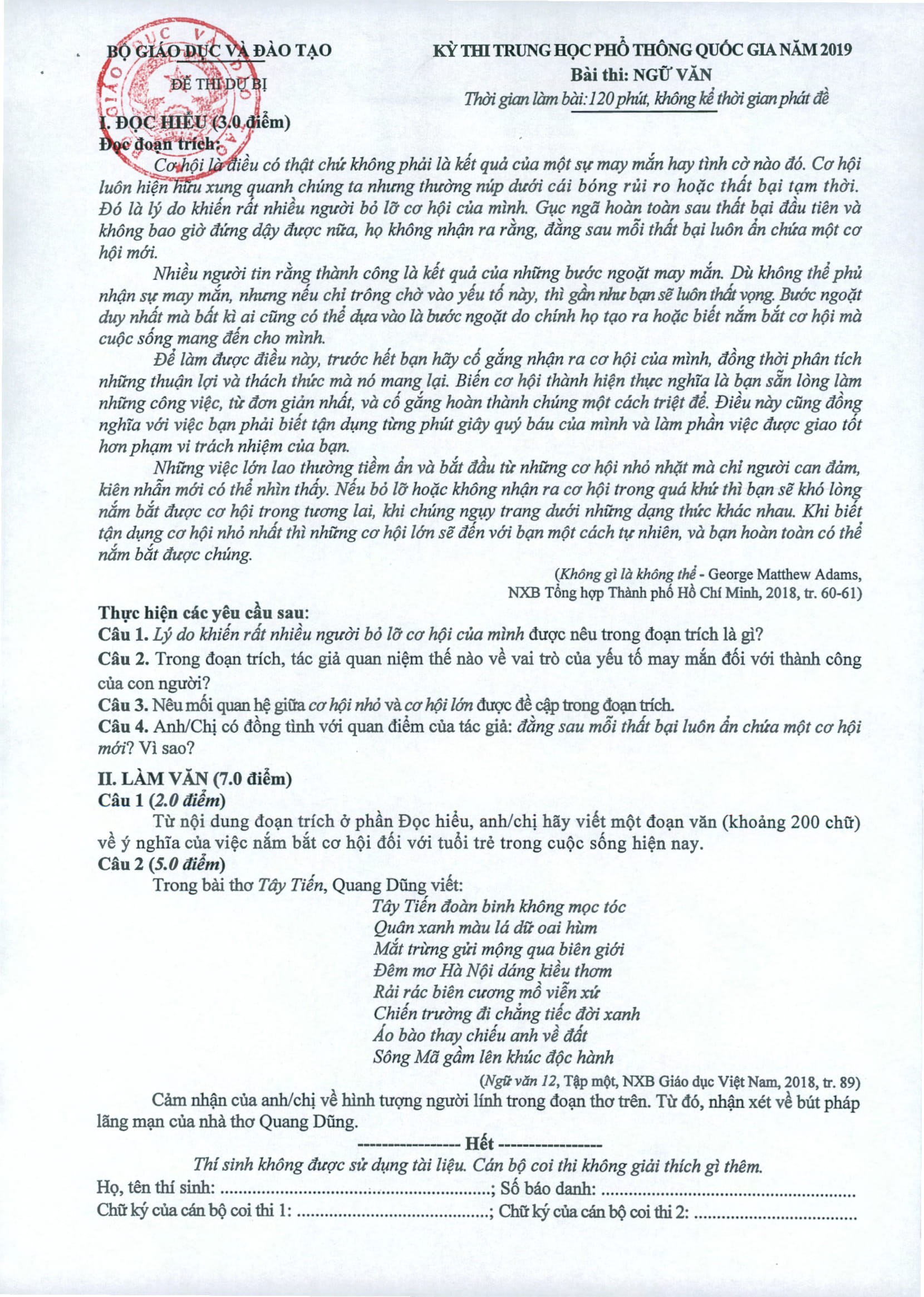 Đáp án môn Ngữ Văn THPT quốc gia 2019 chính thức từ Bộ GD&ĐT