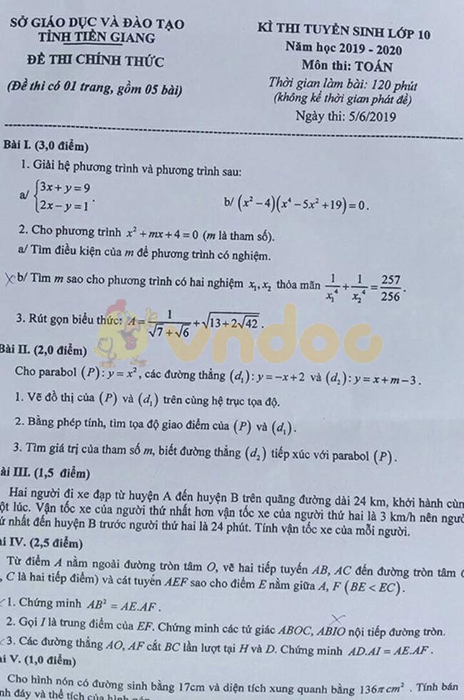 Đáp án đề thi vào lớp 10 môn Toán tỉnh Tiền Giang năm 2019