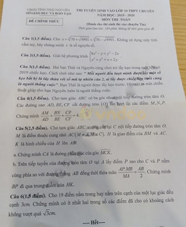 Đề thi vào lớp 10 môn Toán Chuyên 2019 Thái Nguyên (Chuyên Tin)