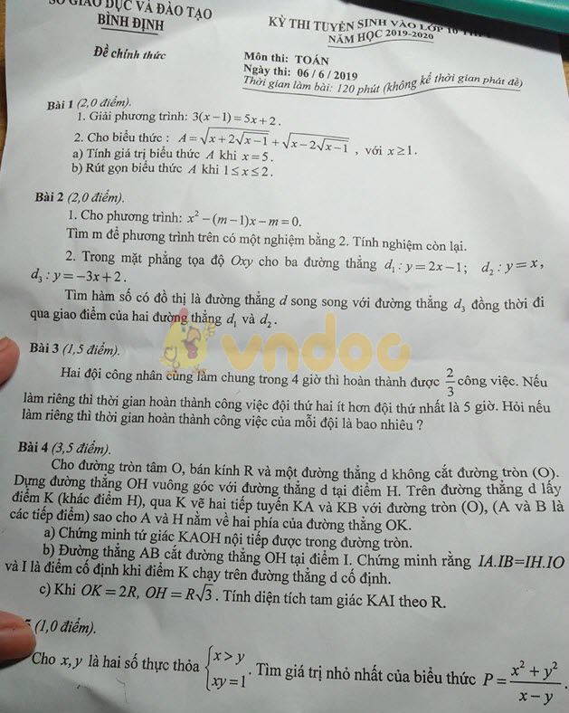 Đáp án đề thi vào lớp 10 môn Toán tỉnh Bình Định năm 2019