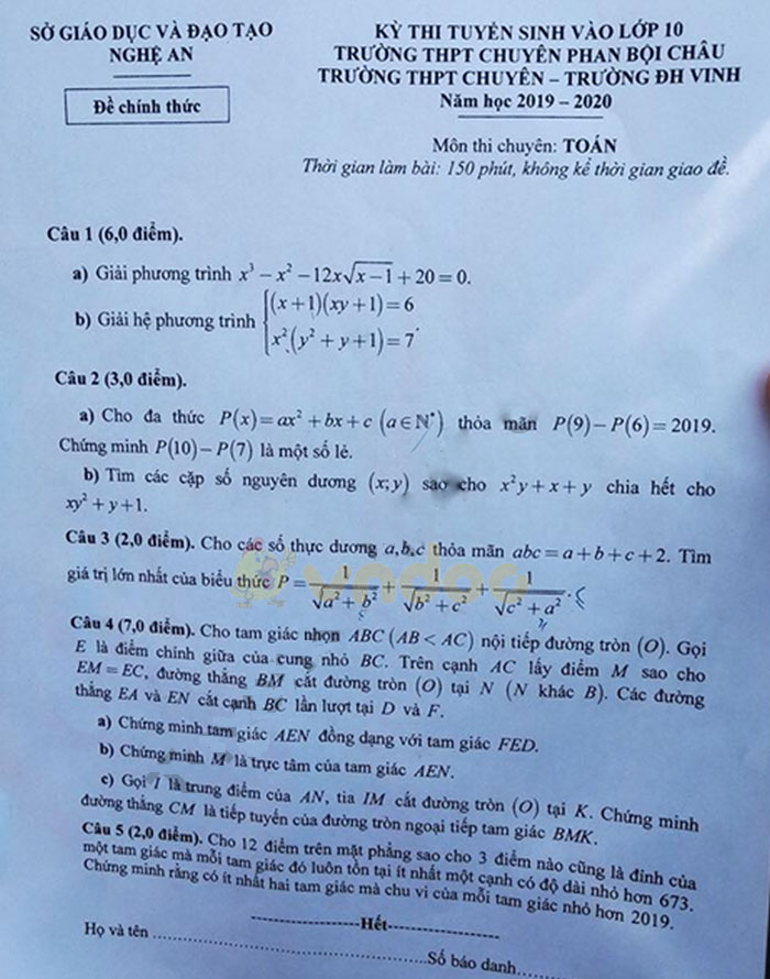 Đề thi vào lớp 10 môn Toán Chuyên 2019 tỉnh Nghệ An