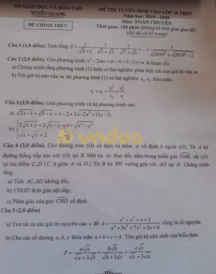 Đề thi vào lớp 10 môn Toán Chuyên 2019 tỉnh Tuyên Quang