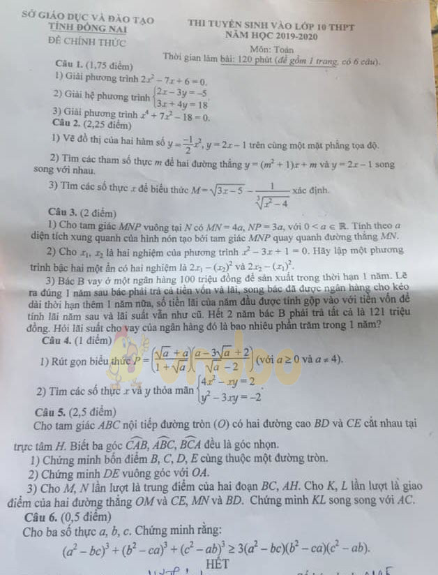 Đáp án đề thi vào lớp 10 môn Toán tỉnh Đồng Nai năm 2019