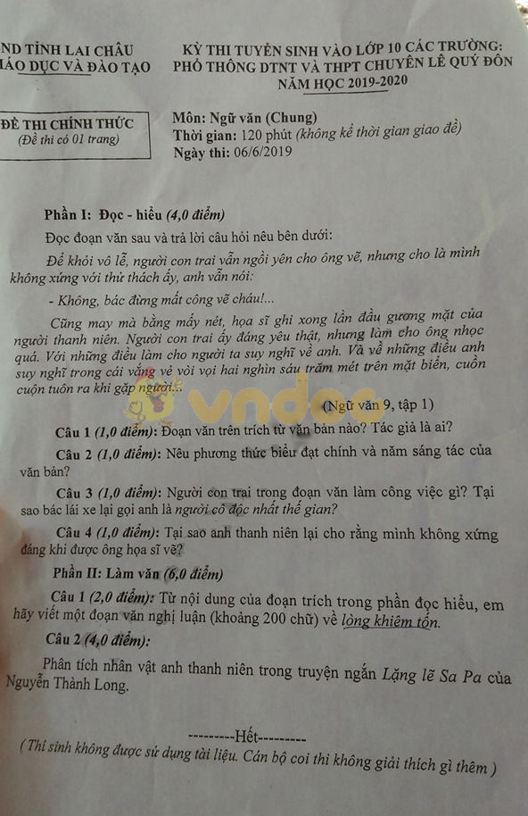 Đáp án đề thi vào lớp 10 môn Văn tỉnh Lai Châu năm 2019