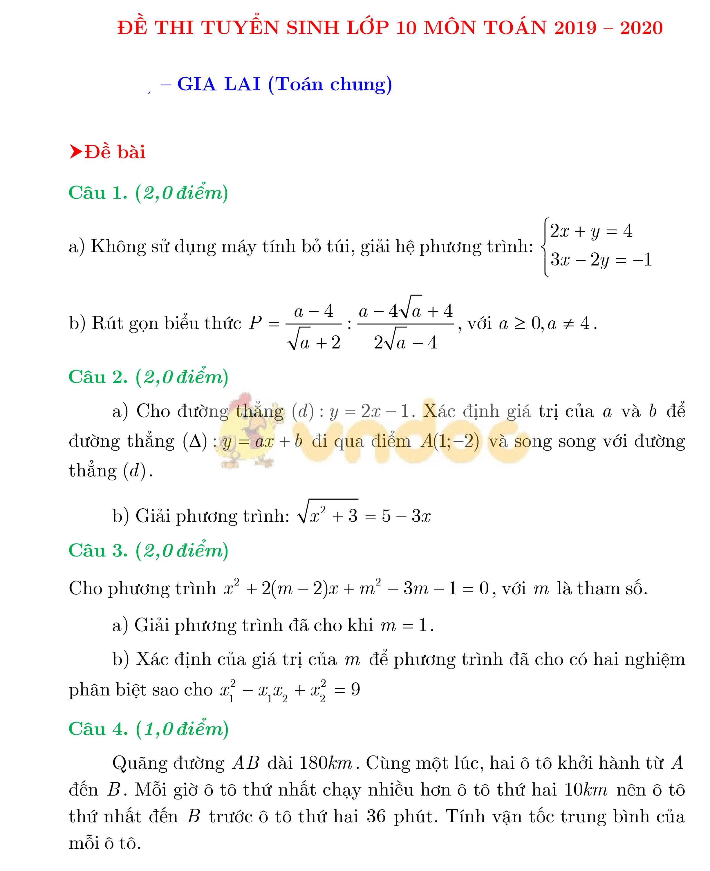 Đề thi vào lớp 10 môn Toán tỉnh Gia Lai năm 2019